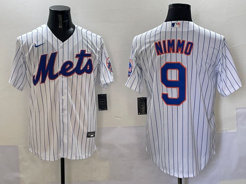 Men New York Mets 9 Nimmo White Stripe Game 2025 Nike MLB Jersey style 1